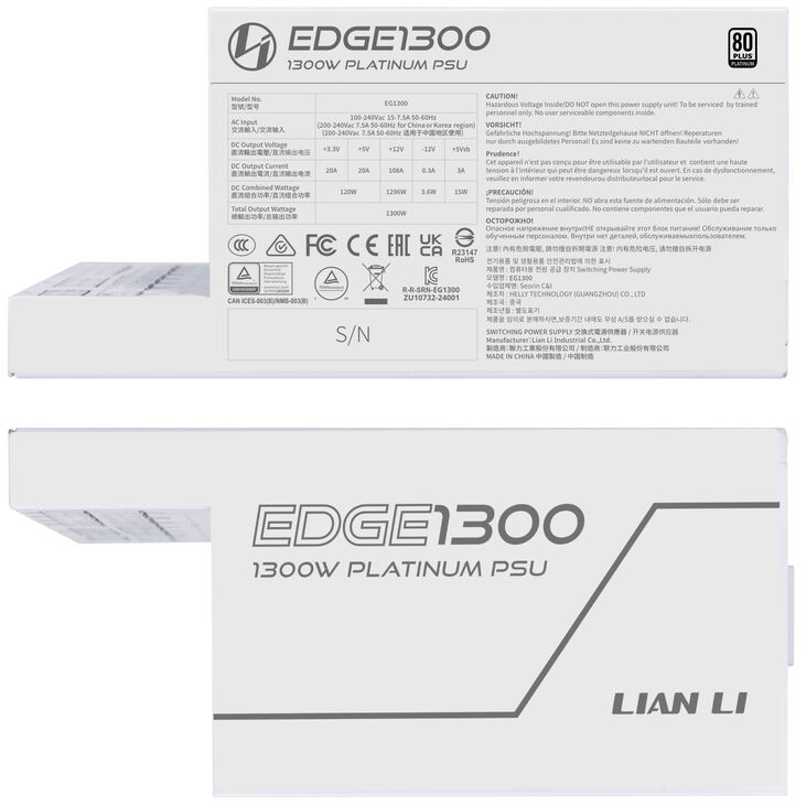 Lian Li EDGE EG1300 80 PLUS Platinum Power Supply, PCIe 5.1, ATX 3.1 - 1300 Watts, White image number 6