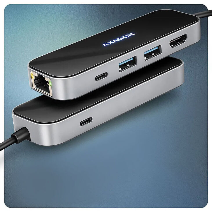 AXAGON HMC-6GLN USB Hub, 2x USB-A, 1x USB-C, 1x HDMI 2.0, 1x RJ45, 100W PD – silver image number 1