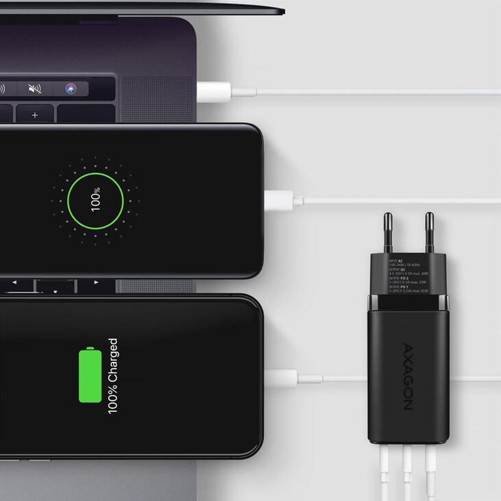 AXAGON ACU-DPQ65 charger, 2x USB-C, 1x USB-A, PD3.0/QC4+/PPS, 65W - black image number 1