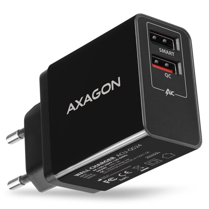 AXAGON ACU-QS24 Charger, 2x USB-A, QC3.0/Smart 5V 1.2A, 24W - black image number 0
