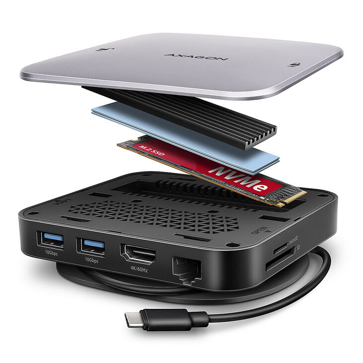 AXAGON HMC-UFO USB-C Hub, M.2 SATA/NVMe, 1 Gbit/s Ethernet, 384 kHz Audio - schwarz/silber image number 0