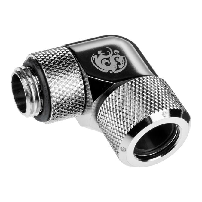 Bitspower Advanced Adapter 90 Degree G1/4 inch Female to 12mm OD Hardtube - Rotatable, Silver image number 0