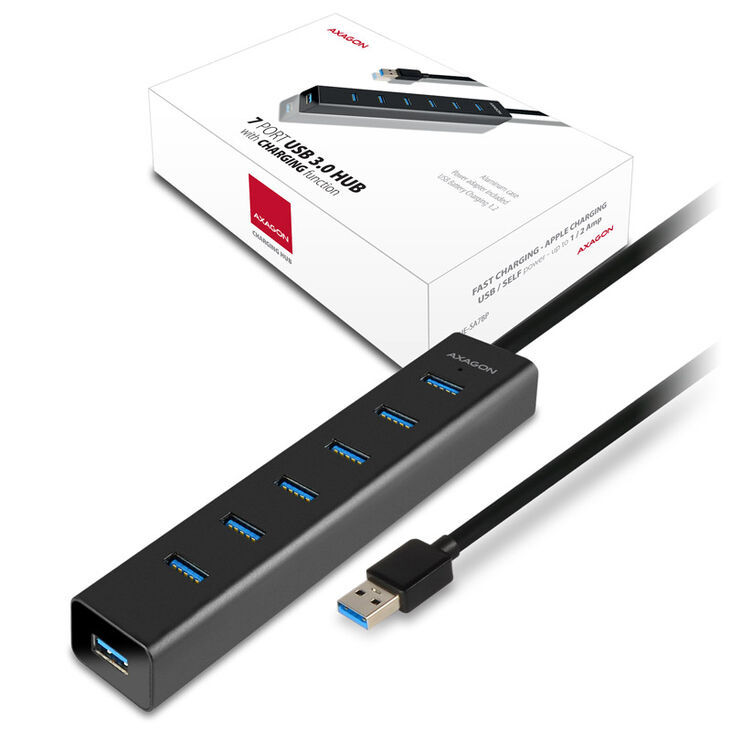 AXAGON HUE-SA7BP USB-A-Hub, 7x USB 3.0, 1x Micro-USB - 400 mm Cable, Power Supply image number 7