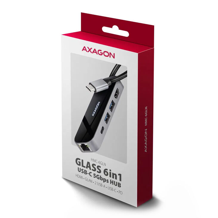 AXAGON HMC-6GLN USB Hub, 2x USB-A, 1x USB-C, 1x HDMI 2.0, 1x RJ45, 100W PD – silver image number 4