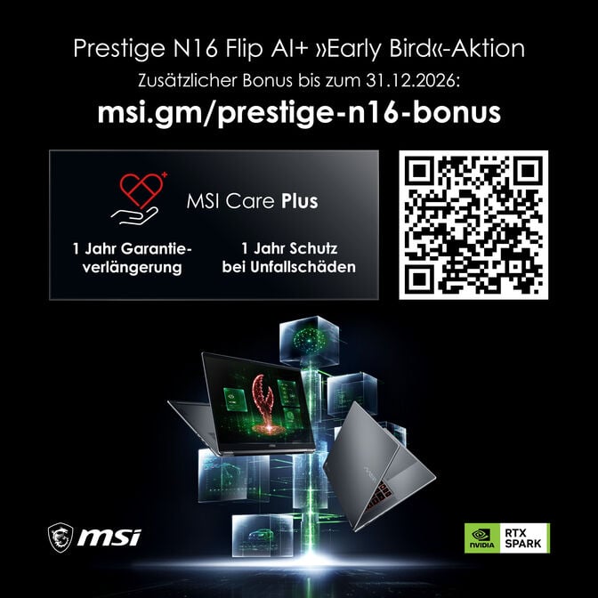 MSI Prestige N16 Flip AI+ Entwickler Laptop mit Bonusaktion, 16 Zoll, NVIDIA RTX Spark - 128 GB, 2 TB, Platingrau image number 1