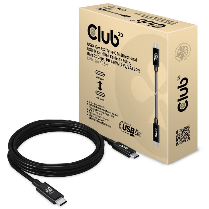 Club 3D USB4 Gen2x2 Type-C Cable, 4K60Hz, 20Gbps, PD 240W EPR, 2 Metres – black image number 0