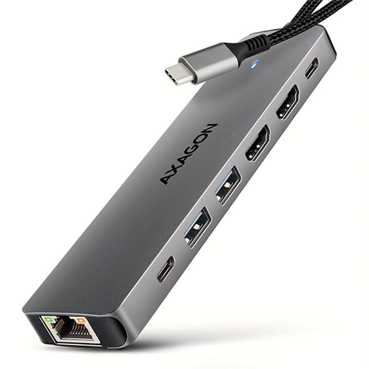 AXAGON HMC-7HX2 USB Hub, 2x USB-A, 1x USB-C, 2x HDMI 2.0, 1x RJ45, 100W PD – silver image number 0