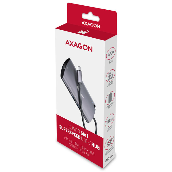 AXAGON HMC-6M2 Multiport-Hub, USB 3.0, M.2-SATA, HDMI, Gbit-LAN, 2x USB-A, 1x USB-C image number 4