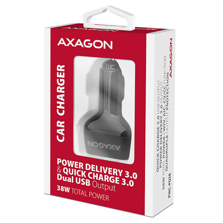 AXAGON PWC-PQ38 Auto-Ladegerät, 1x USB-A QC 3.0 + 1x USB-C PD, 38W, CL-Stecker - schwarz image number 4