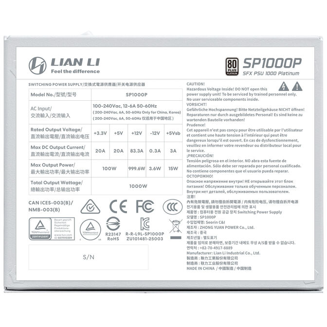 Lian Li SP Series Platinum 80 PLUS Platinum Power Supply, SFX, fully modular, PCIe 5.1, ATX 3.1 - 1,000 Watt, white image number 5