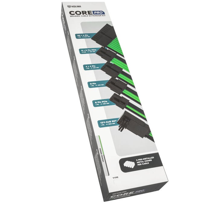 Kolink Core Pro Braided Cable Extension Kit 12V-2x6 Type 1 - Venom Green image number 3
