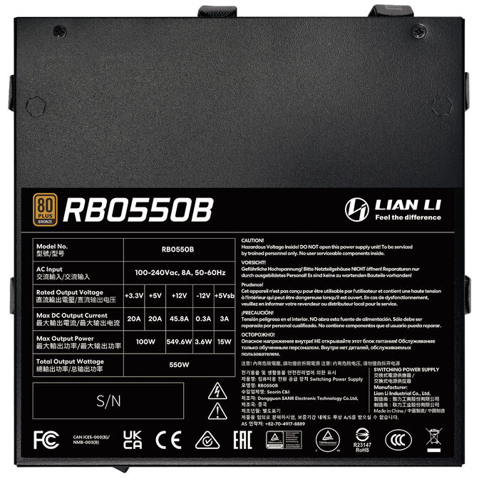Lian Li RB Series 80 PLUS Bronze Netzteil, teilmodular, ATX 3.1 - 550 Watt, schwarz image number 4