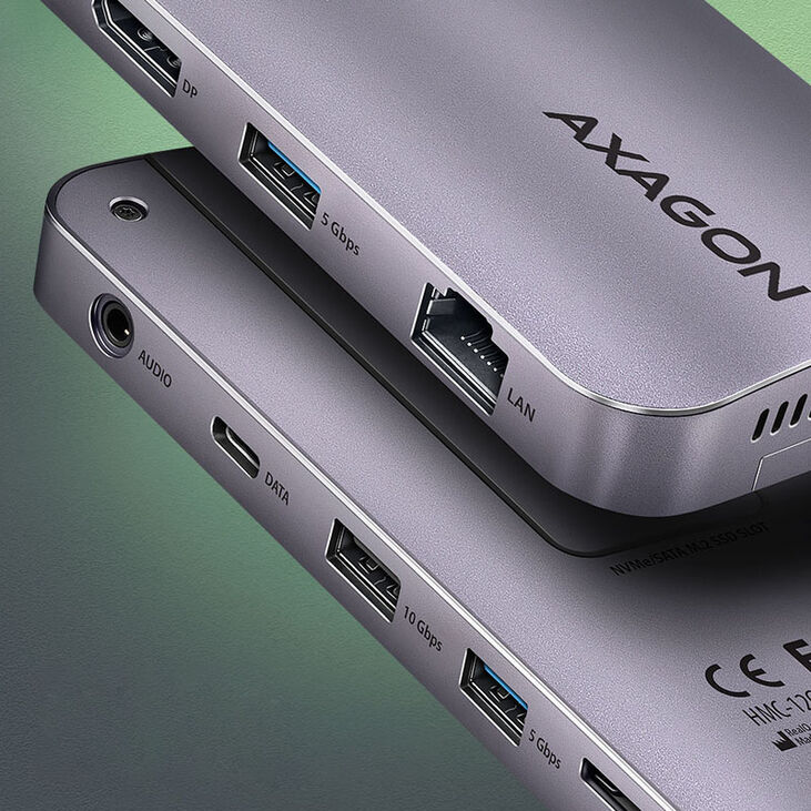 AXAGON HMC-12GM2 Multiport Hub, USB-C 3.1, M.2-NVMe/SATA, DP + HDMI, Gbit-LAN, 3x USB-A, 1x USB-C, C image number 1