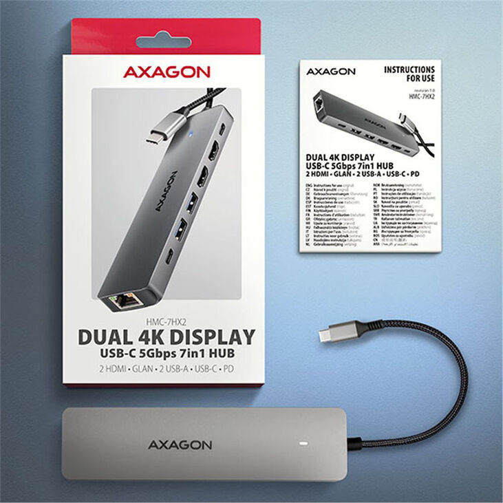 AXAGON HMC-7HX2 USB Hub, 2x USB-A, 1x USB-C, 2x HDMI 2.0, 1x RJ45, 100W PD – silver image number 2