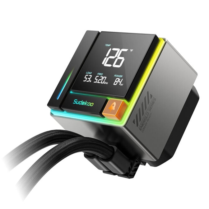 Sudokoo energlo 360 | 360mm aio vodno hlajenje | lcd zaslon argb pwm | intel lga1851 amd am5 | črni cpu hladilnik 3 Sudokoo energlo 360 lcd zaslon na črpalki s prikazom temperature in podatkov sistema