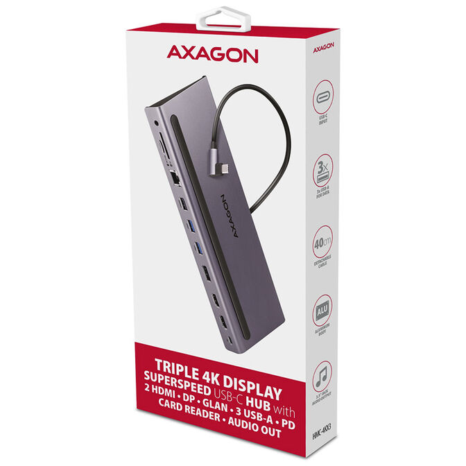 AXAGON HMC-4KX3 USB 3.0 Hub, MiniDP + 2x HDMI, LAN, PD, 3x USB-A, SD-Kartenleser, Audio image number 6