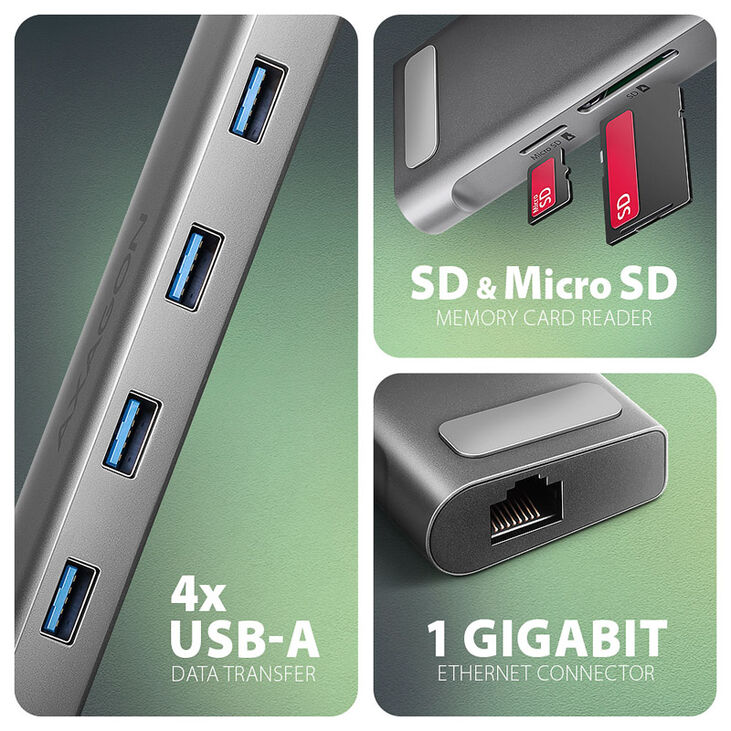 AXAGON HMC-10HLS Multiport Hub, 4x USB-A and 2x USB-C, HDMI 4K/60Hz, RJ-45, SD/microSD, PD 100W image number 3
