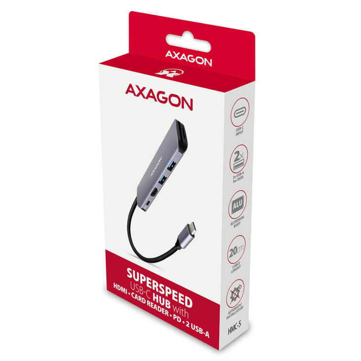 AXAGON HMC-5 USB-C-Hub, 2x USB-A, HDMI, 2x USB-C 3.2 Gen 1, 1x SD, 1x microSD, silber image number 4