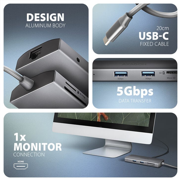 AXAGON HMC-8HLSA USB-C 3.2 Gen 1 hub, 3x USB-A + 4K/30Hz HDMI + SD/microSD, GLAN, Audio, PD 100W, 20cm USB-C cable image number 4