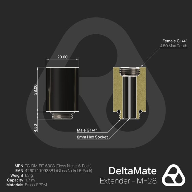 Thermal Grizzly DeltaMate Extender Fitting - MF28, Gloss Nickel, Pack of 6 image number 4