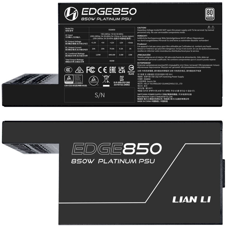 Lian Li EDGE EG0850 80 PLUS Platinum Power Supply, PCIe 5.1, ATX 3.1 - 850 Watt, Black image number 6