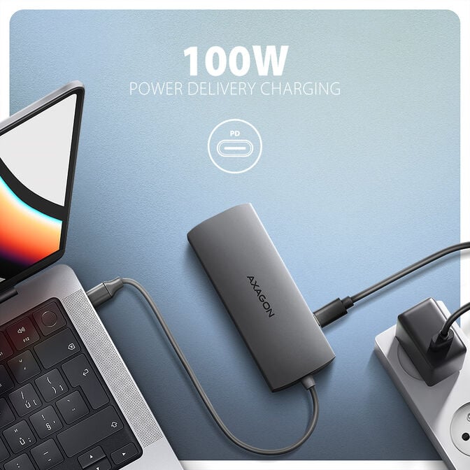 AXAGON HMC-8HLSA USB-C 3.2 Gen 1 hub, 3x USB-A + 4K/30Hz HDMI + SD/microSD, GLAN, Audio, PD 100W, 20cm USB-C cable image number 1