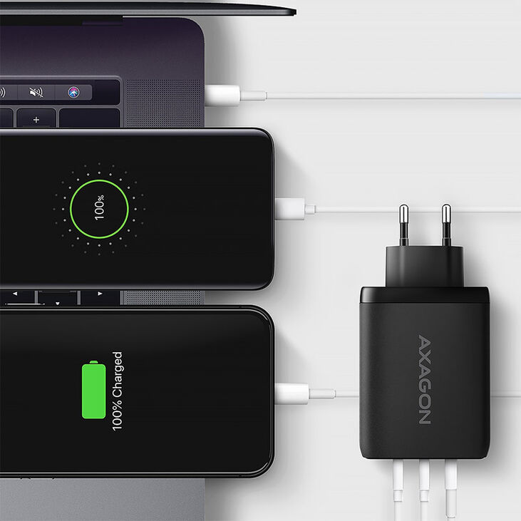 AXAGON ACU-DPQ100 GaN Wall charger, 3x port (USB + dual USB-C), PD3.0/QC4+/PPS/Apple, 100W, black image number 2