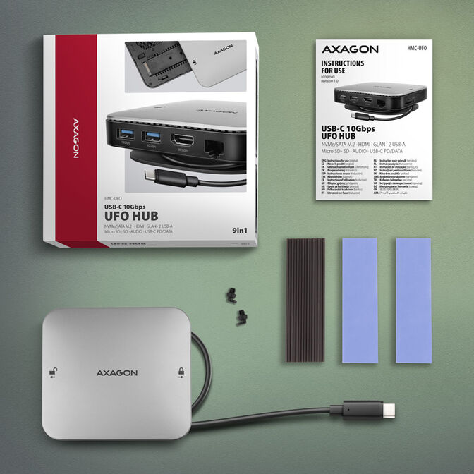 AXAGON HMC-UFO USB-C Hub, M.2 SATA/NVMe, 1 Gbit/s Ethernet, 384 kHz Audio - black/silver image number 5