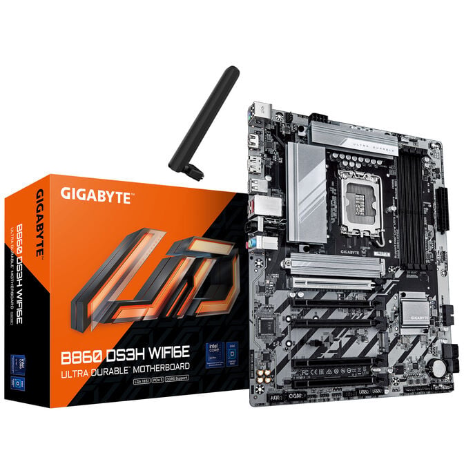 GIGABYTE B860 DS3H WiFi6E Motherboard, sockel LGA 1851, Intel B860, ATX, DDR5 image number 0