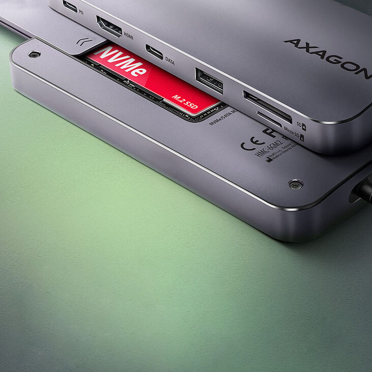 AXAGON HMC-6GM2 Multiport Hub, USB-C 3.1, M.2-NVMe/SATA, HDMI, Gbit LAN, 1x USB-A, 1x USB-C, CR image number 2