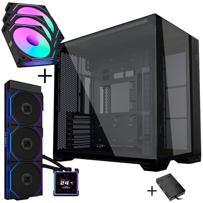 Lian Li O11 Vision Compact PC Case Bundle + HydroShift II LCD-S 360TL AiO + 3x UNI FAN SL-INF 120 Reverse Blade Fans - black image number 0