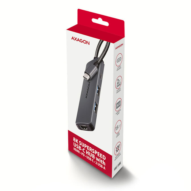 AXAGON HMC-5H8K 2x USB-A, 1x USB-C, 8K HDMI, USB 3.2 Gen 1 hub, PD 100W, 15cm USB-C cable image number 4