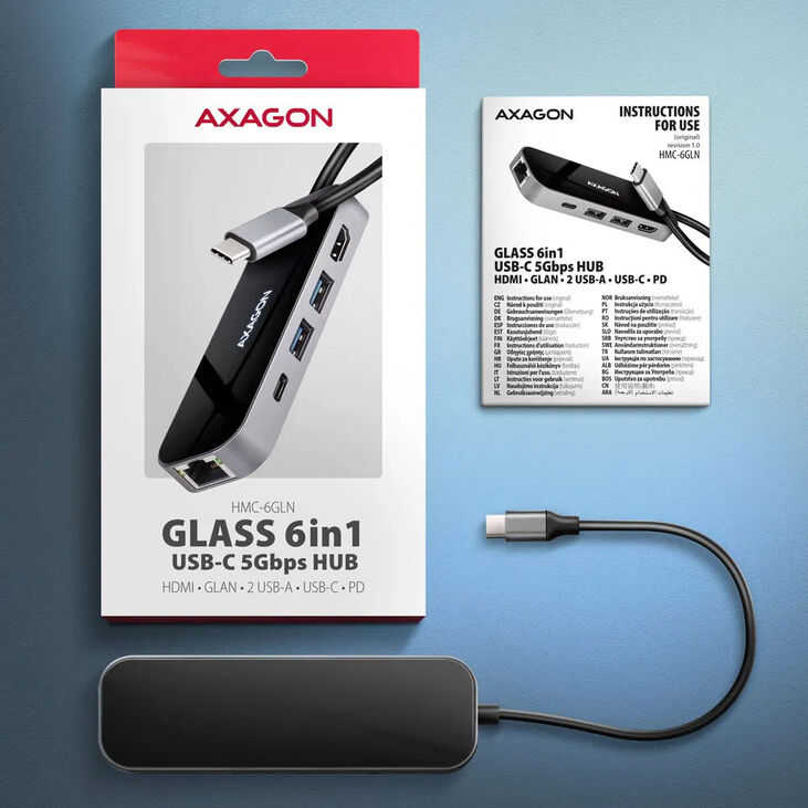 AXAGON HMC-6GLN USB Hub, 2x USB-A, 1x USB-C, 1x HDMI 2.0, 1x RJ45, 100W PD – silver image number 3