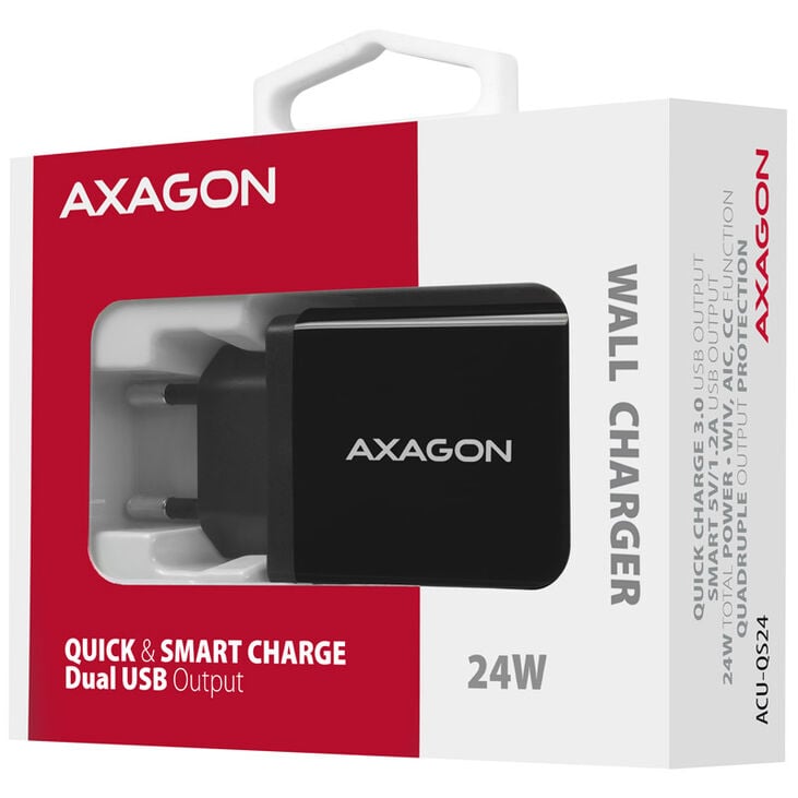AXAGON ACU-QS24 Charger, 2x USB-A, QC3.0/Smart 5V 1.2A, 24W - black image number 5