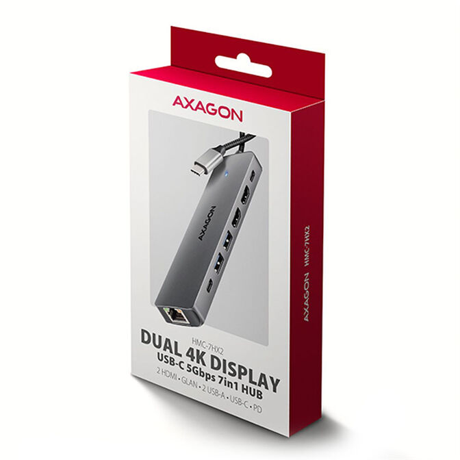 AXAGON HMC-7HX2 USB Hub, 2x USB-A, 1x USB-C, 2x HDMI 2.0, 1x RJ45, 100W PD &ndash; silver image number 3