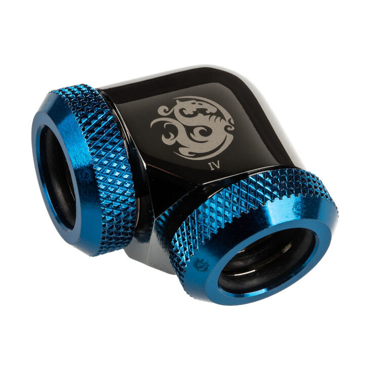Bitspower Adapter 90 Degree 12mm OD Hardtube to 12mm OD Hardtube - glossy black/blue image number 0