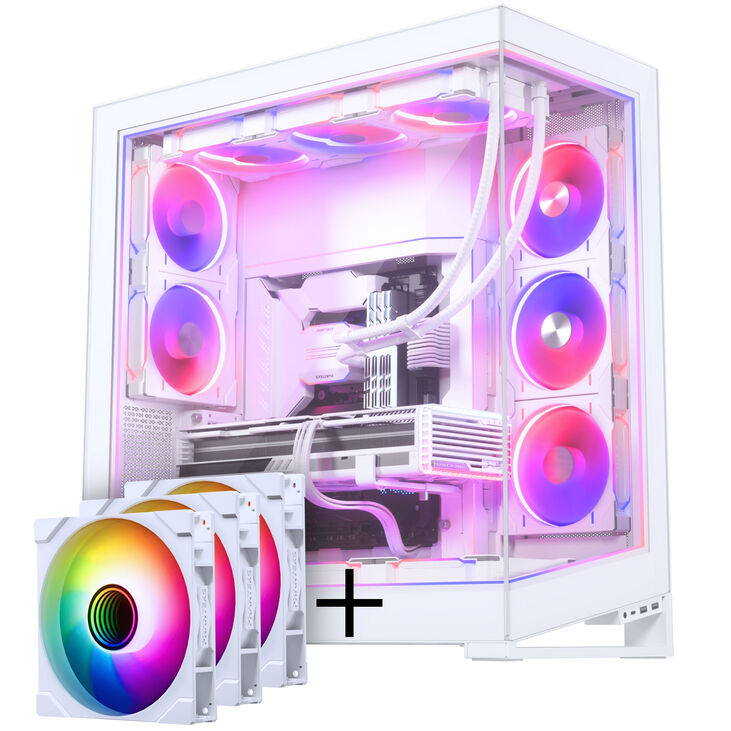 PHANTEKS NV Series NV9 E-ATX case, Tempered Glass, ARGB - matte white & M25 Gen2 PWM D-RGB fan 3-pack - Reverse Blade, 140mm, white + DRGB kit image number 0