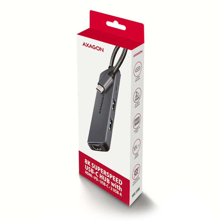 AXAGON HMC-5H8K 2x USB-A, 1x USB-C, 8K HDMI, USB 3.2 Gen 1 hub, PD 100W, 15cm USB-C cable image number 4