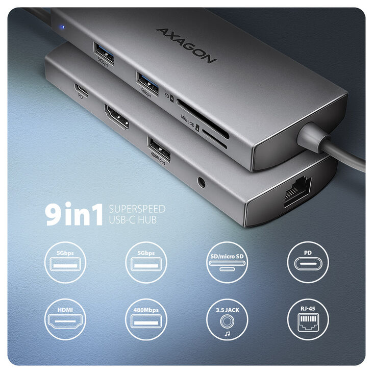 AXAGON HMC-8HLSA USB-C 3.2 Gen 1 hub, 3x USB-A + 4K/30Hz HDMI + SD/microSD, GLAN, Audio, PD 100W, 20cm USB-C cable image number 2