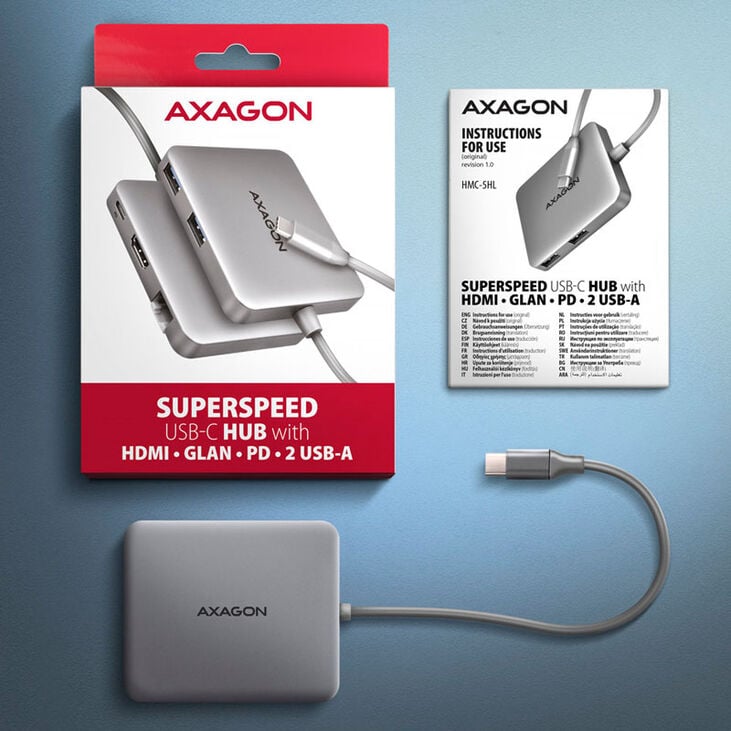 AXAGON HMC-5HL 2x USB-A, HDMI, LAN, USB 3.2 Gen 1 hub, PD 100W - grey image number 3