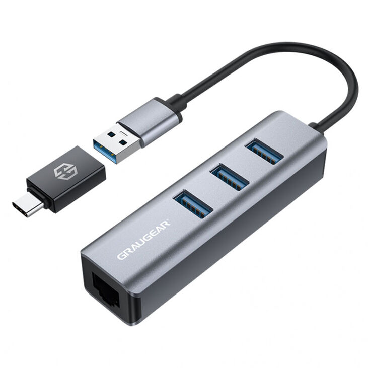 Graugear USB-Hub, 3x USB 3.0 Type-A Gbit LAN, inkl. USB-C Adapter - silber image number 0