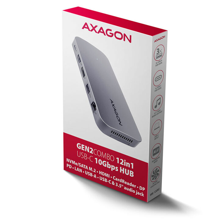 AXAGON HMC-12GM2 Multiport Hub, USB-C 3.1, M.2-NVMe/SATA, DP + HDMI, Gbit-LAN, 3x USB-A, 1x USB-C, C image number 3