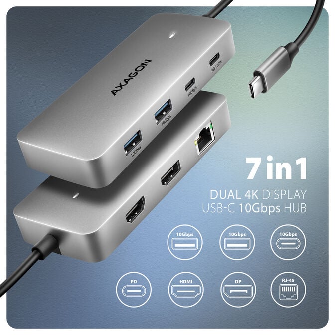 AXAGON HMC-CUB83X2 USB-C Hub, 7-in-1 Docking Station, Dual 4K, 10Gbps - Grey image number 1