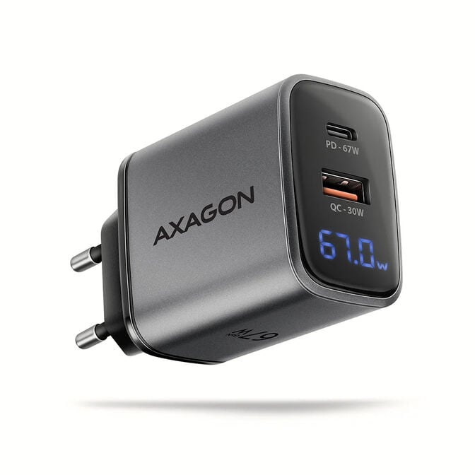 AXAGON ACU-PQ67D GaN Charger, USB-C Power Delivery 3, USB-A Quick Charge 4 - grey image number 0