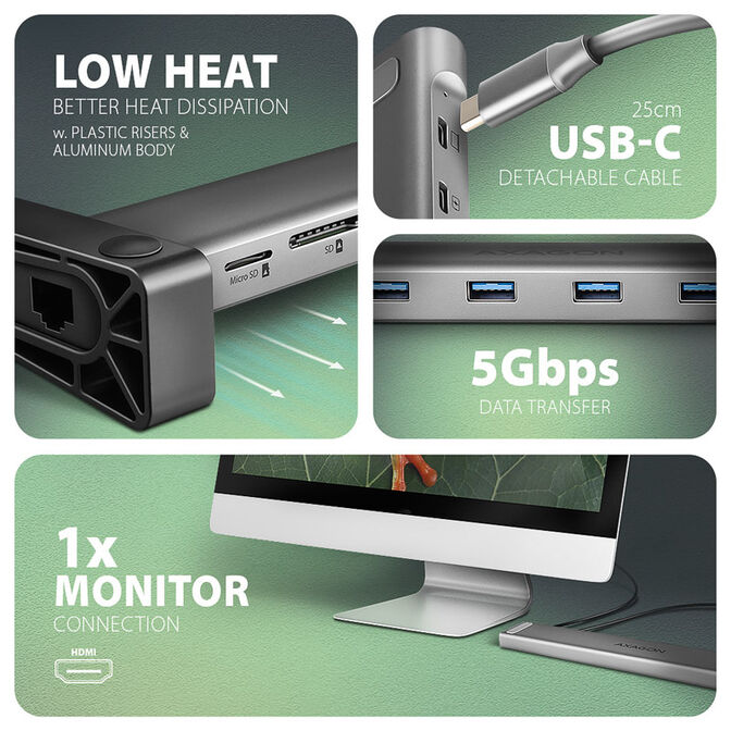 AXAGON HMC-10HLS Multiport-Hub, 4x USB-A und 2x USB-C, HDMI 4K/60Hz, RJ-45, SD/microSD, PD 100W image number 4