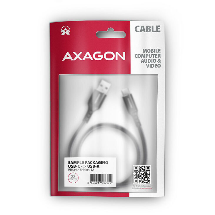 AXAGON BUCM-AM20AB USB-C zu USB-A Kabel, 2 m, USB 2.0, 3A, geflochten - schwarz image number 2