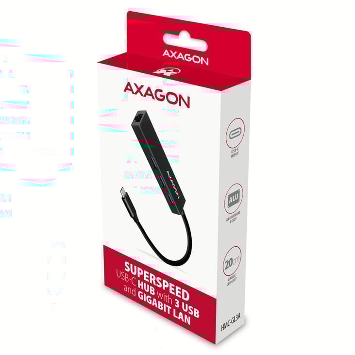 AXAGON HMC-GL3A USB-C Hub, 3x USB-A, Gigabit LAN, black image number 2