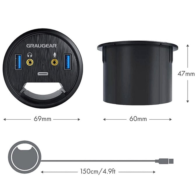 Graugear Tisch-HUB, USB 3.0 2x Type-A / 1x Type-C, Audioanschluss, 60 mm image number 2