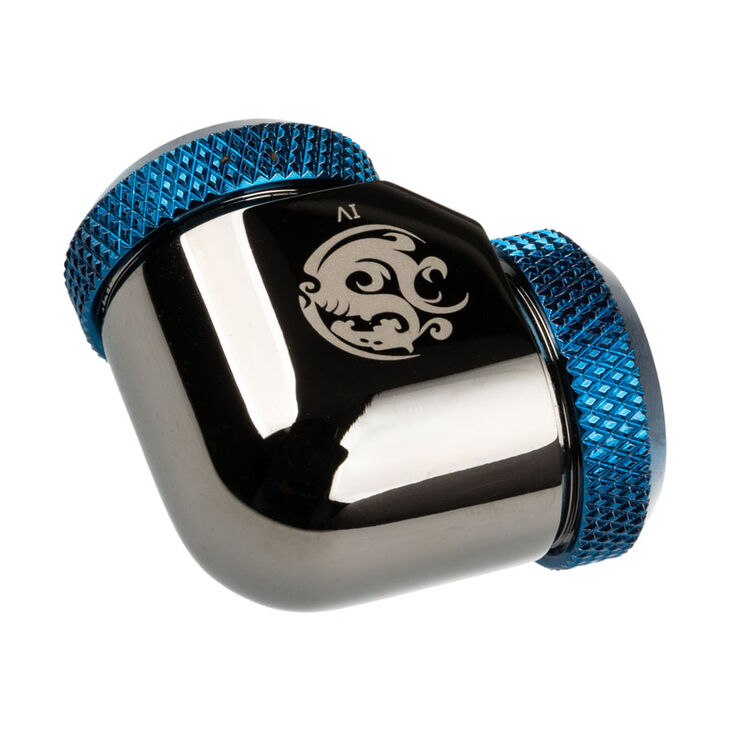 Bitspower Adapter 90 Degree 12mm OD Hardtube to 12mm OD Hardtube - glossy black/blue image number 1