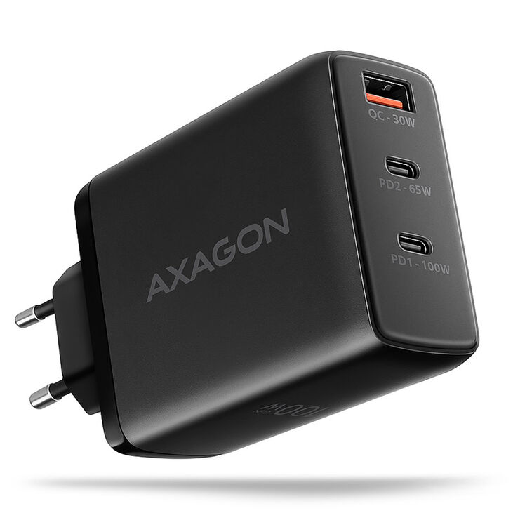 AXAGON ACU-DPQ100 GaN Wall charger, 3x port (USB + dual USB-C), PD3.0/QC4+/PPS/Apple, 100W, black image number 0
